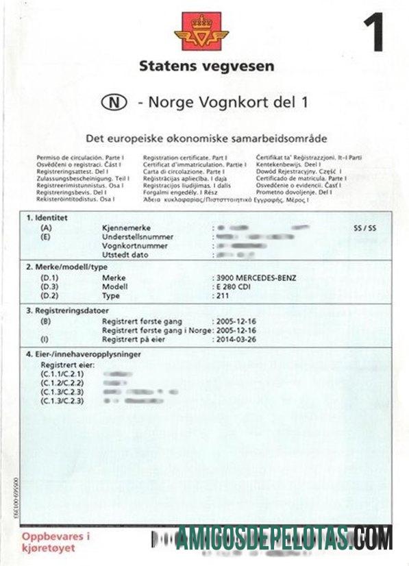 Exemplo de certificado de registro de veículo na Noruega
